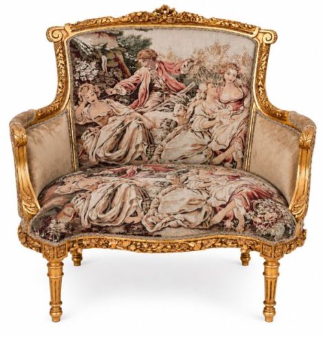 Sofa baroc din lemn auriu cu tapiterie goblen