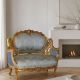 Sofa baroc din lemn auriu cu tapiterie matase bleu
