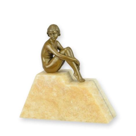 Nud asezat-statueta Art Deco din bronz cu un soclu