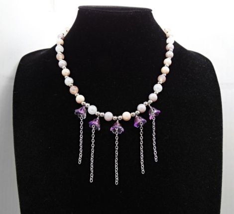 Colier Handmade cu Flori Mov i Mrgele Perlate El