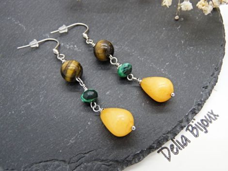 Cercei Lungi Handmade cu Ochi de Tigru Agat Verde