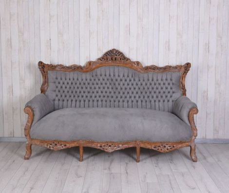 Sofa baroc din lemn mahon cu tapiterie gri