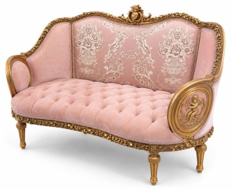 Sofa baroc din lemn masiv cu tapiterie roz