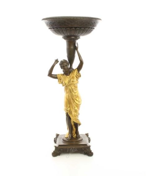 Jardiniera femeie din bronz cu soclu din marmura