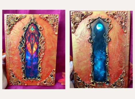 Jurnal B5 handmade cu vitraliu gotic i relief 3D