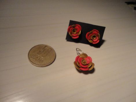 Set cercei+pandantiv floare rosu-bronz